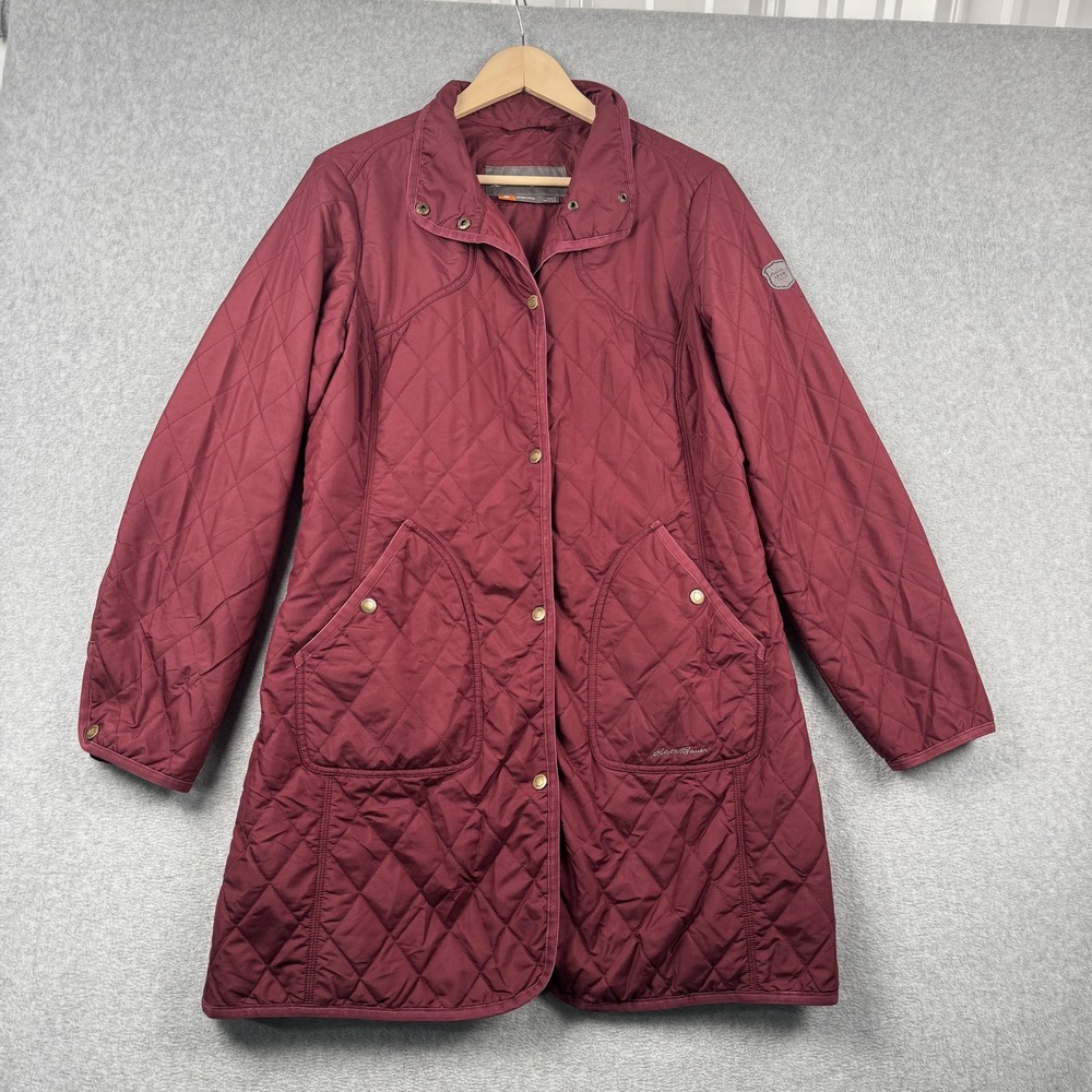 Eddie Bauer‎ Sport Shop Quilted Coat Womens Large Burgundy Diamond Stitch Jacket
